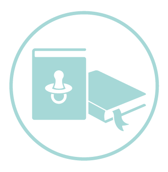 Light blue icon of two books, one featuring a pacifier outline.