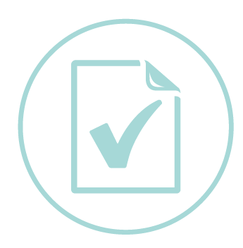 Light blue icon of a document with a large checkmark, symbolizing completion or approval.
